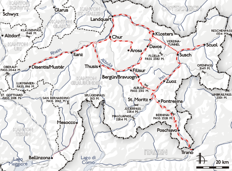 Map of the RHB railway network in Switzerland