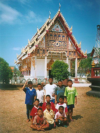 Thai Boys in front of Wat at Khlong Yai in SE Thailand