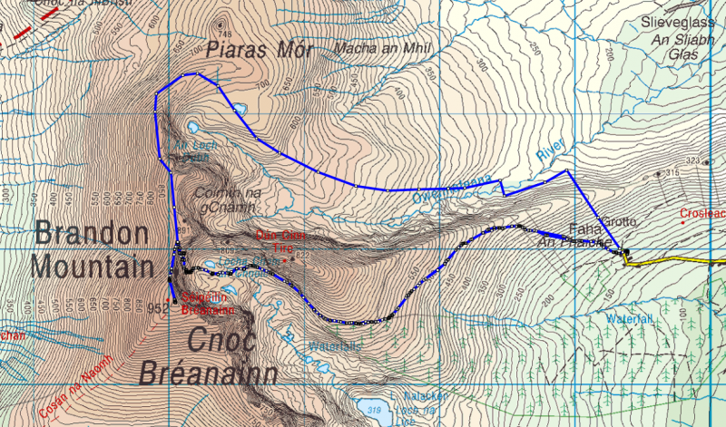 Route map for Brandon Mountain in SW Ireland