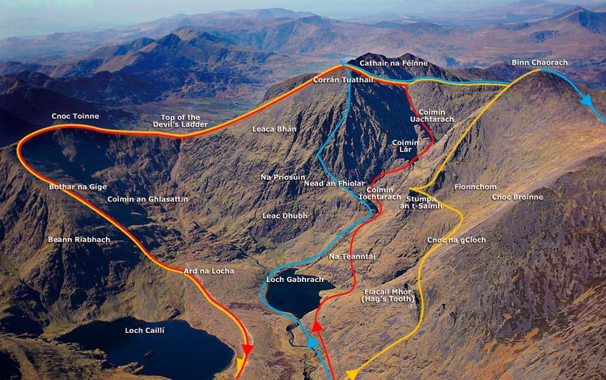 Ascent routes on the Macgillycuddy Reeks - the Largest and Highest Mountain Range in Ireland
