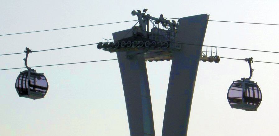 Gondolas of The Emirates Air Line cable car over the River Thames