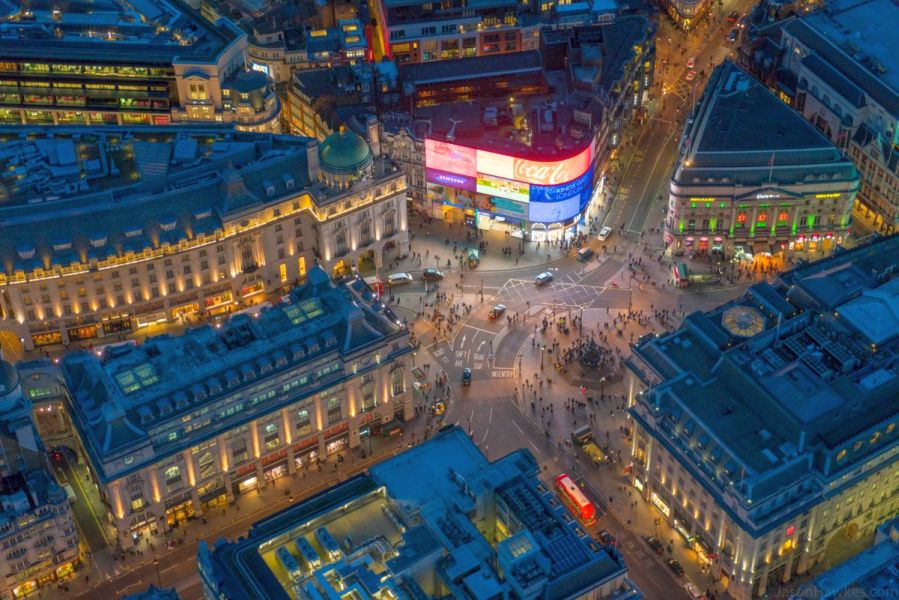 Aerial view of Picadilly Circus in London