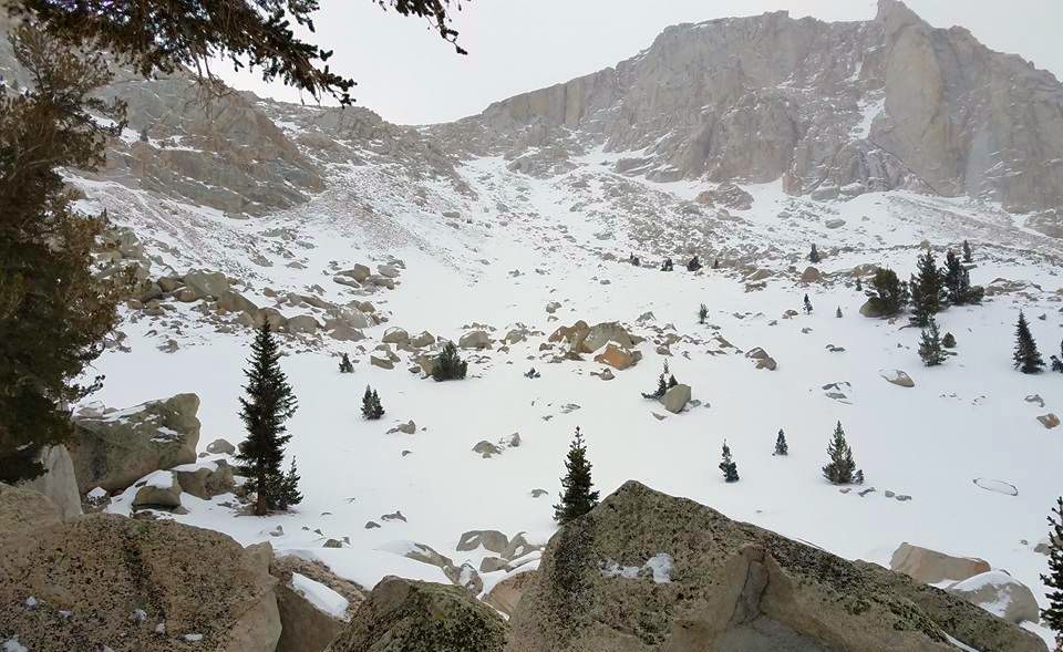 Snow slopes and Crest of the Sierra Nevada on Mt. Whitney