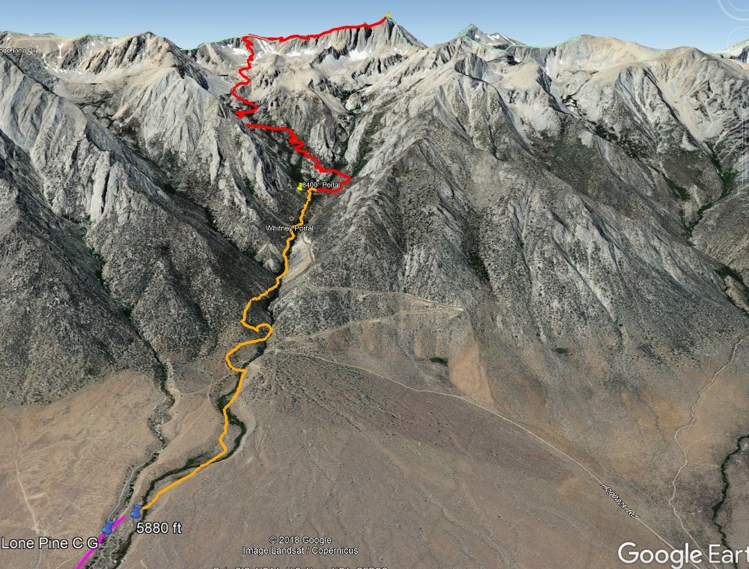 Ascent route on Mount Whitney