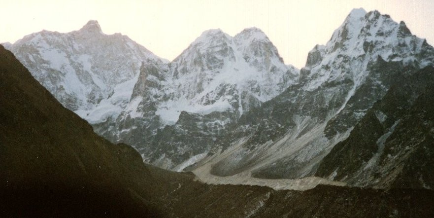 Jannu ( Kumbacharna ) Sobithongie ( 6669m ), Phole ( 6645m ) and Khabur ( 6332m ) from Kambachen in the Ghunsa Khola Valley in the Kangchenjunga Region of the Nepal Himalaya