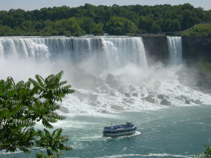 The American Falls, The Bridal Veil Falls, and the Maid of the Mist boat at Niagara Falls