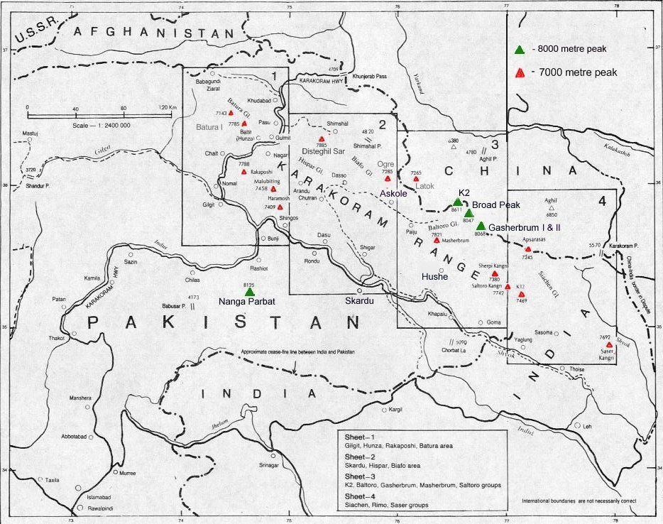 Location map of the Pakistan 8000 and 7000 metre peaks