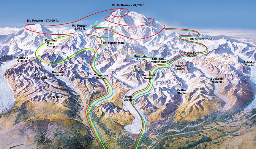 Sight-seeing flight routes over Denali ( Mount Mckinley ) in Alaska - the highest mountain in the USA and North America