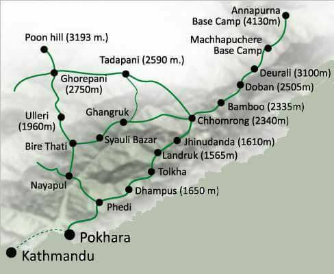 Route Map for Annapurna Sanctuary