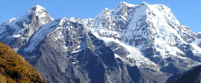 Mera Peak on descent from Zatrwa La into the Hinku Valley in the Nepal Himalaya