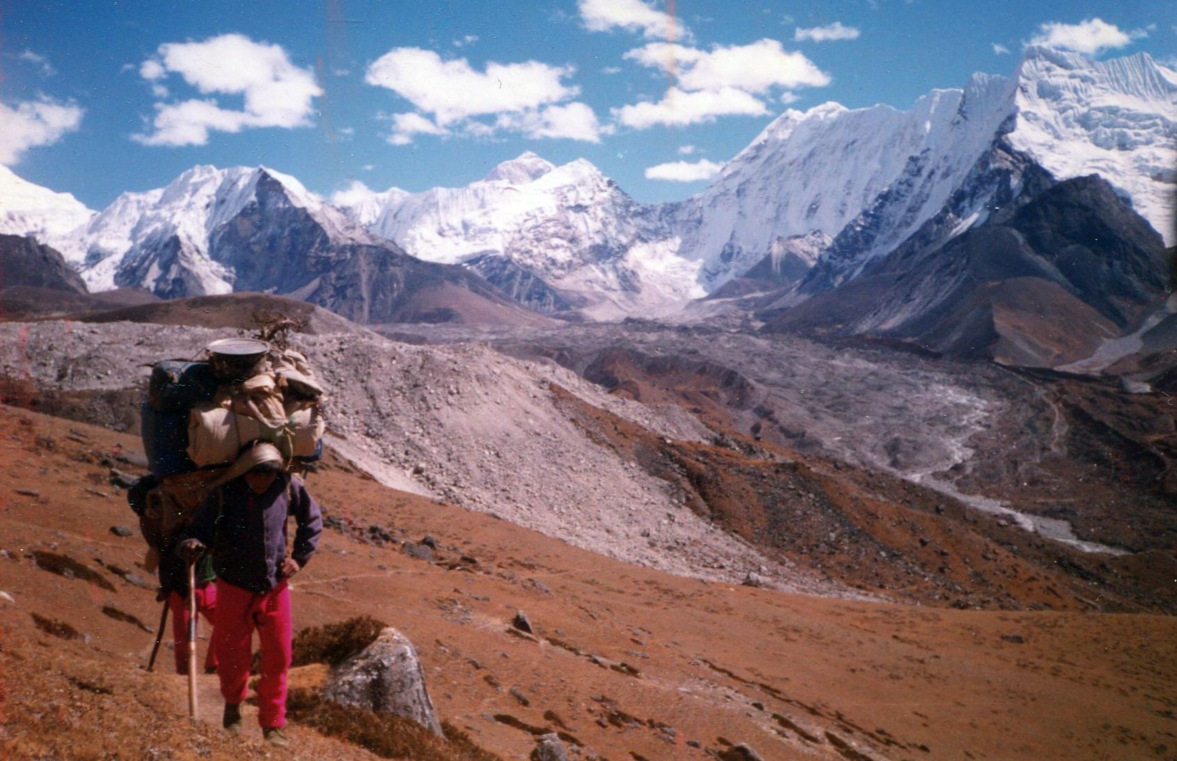 Chukung Valley: Island Peak ( Imja Tse ) and Mt.Makalu on ascent from Bibre to Kongma La