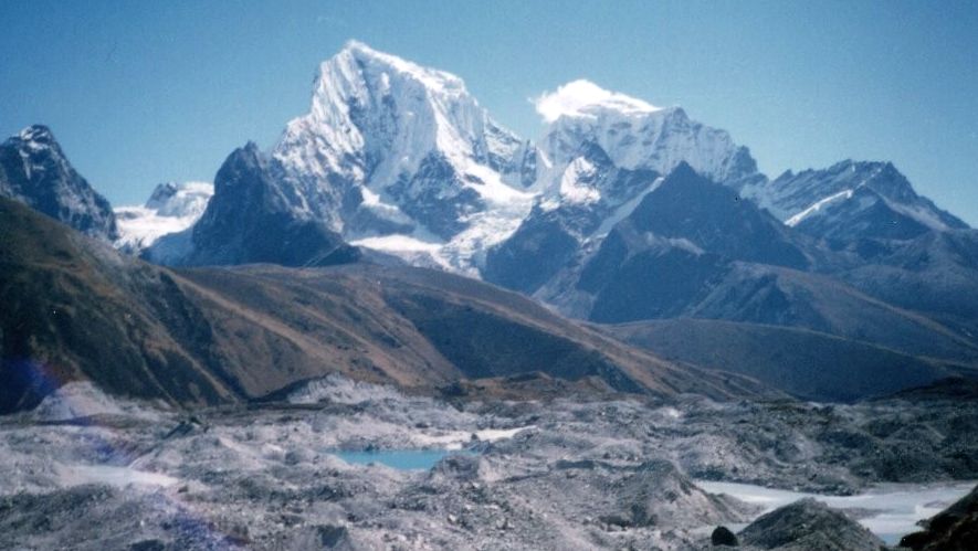 Mount Cholatse ( 6440m ) and Taboche above the Ngozumpa Glacier in the Gokyo Valley