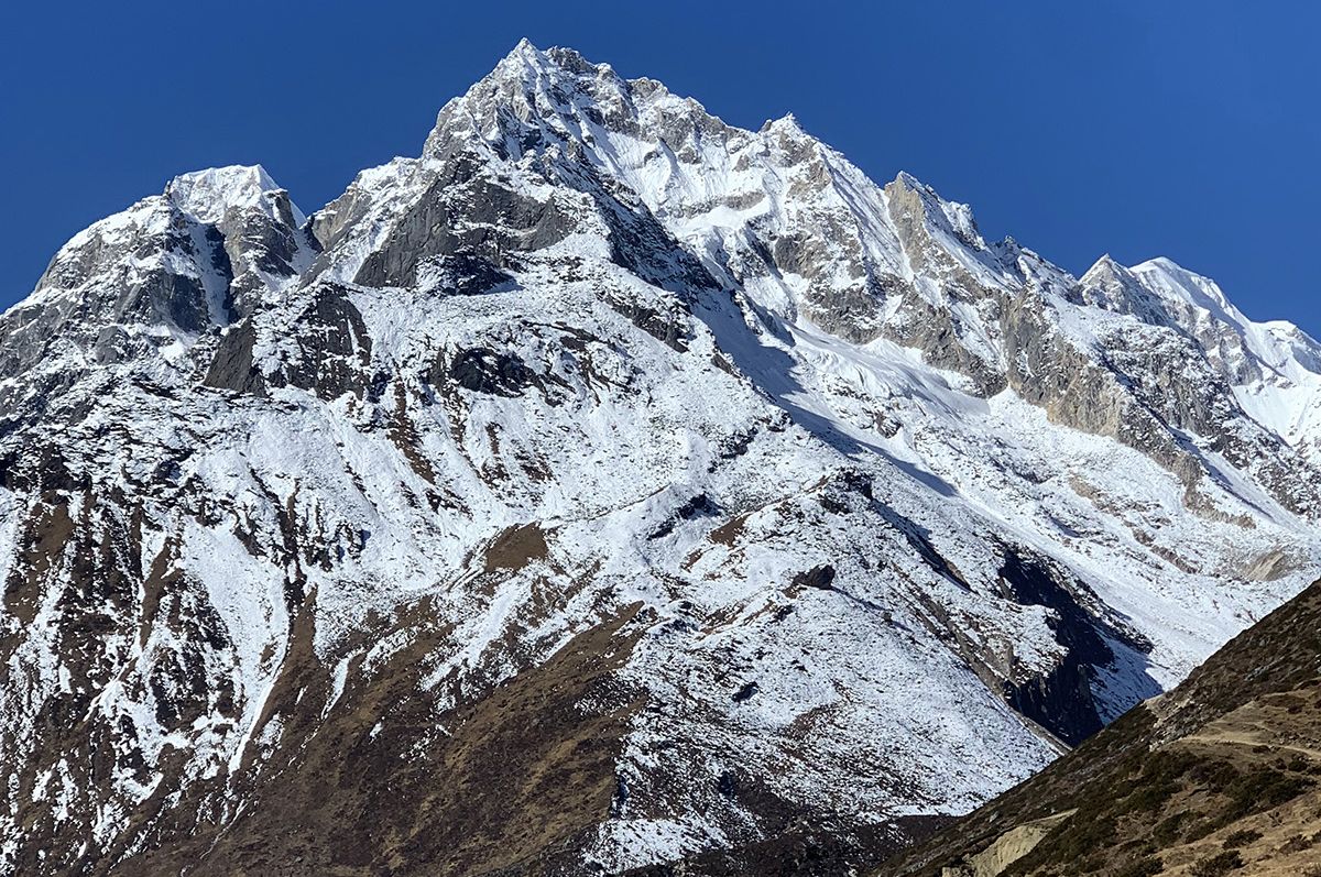 Peak on approach to Larkya La from Samdu Village in the Buri Gandaki Valley