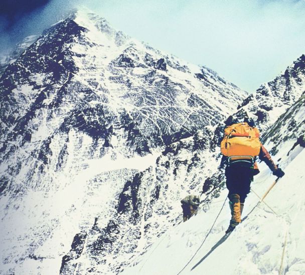 Climber on South Col ascent route of Mount Everest