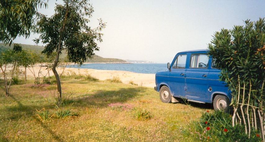 Campsite on beach at Methoni in the Peloponnese of Greece