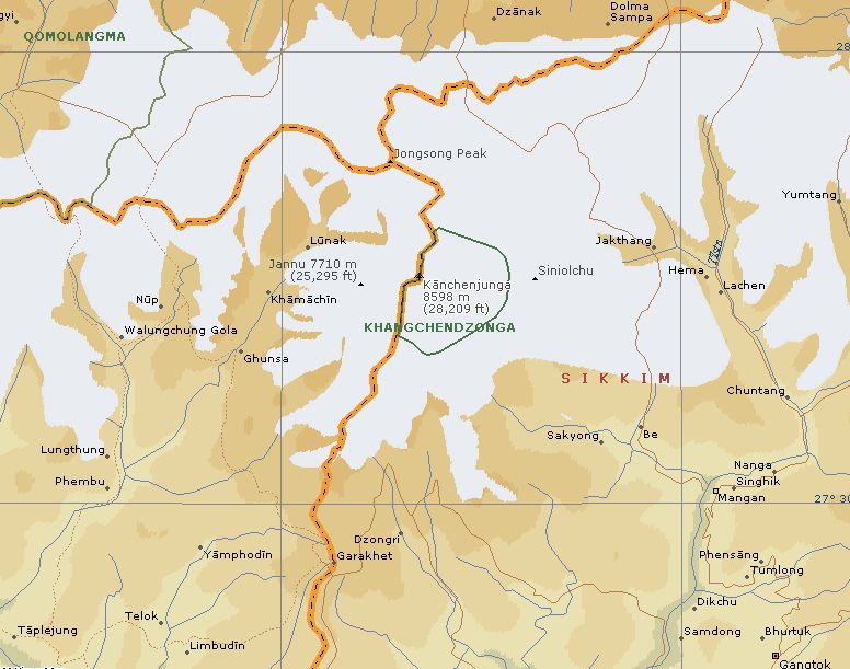 Map of Kangchenjunga Region of Sikkim in NE India
