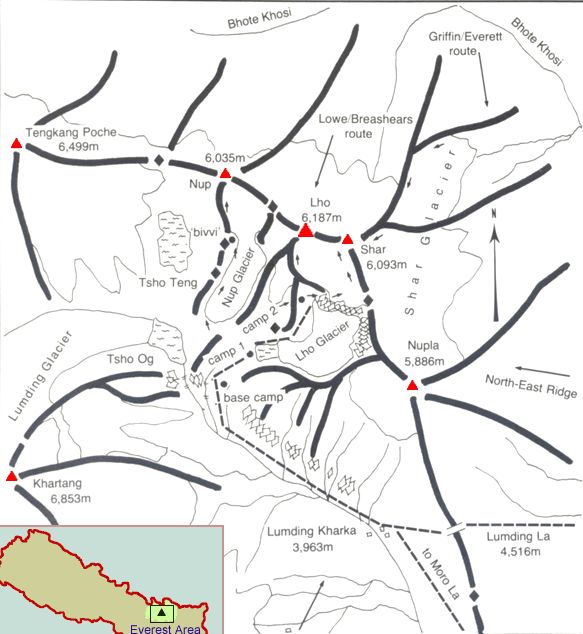 Kwande Ri access / ascent routes and location map