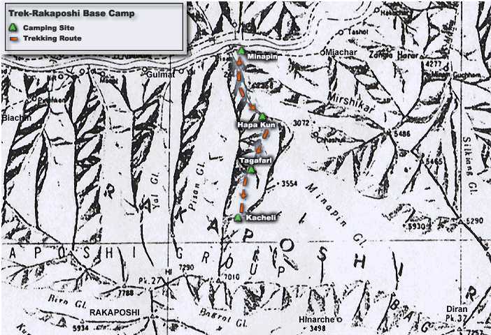 The Seven Thousanders - Rakaposhi BC route map in the Karakorum Mountains of Pakistan
