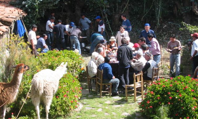 Mealtime on Pachamanca trek in Andes of Peru