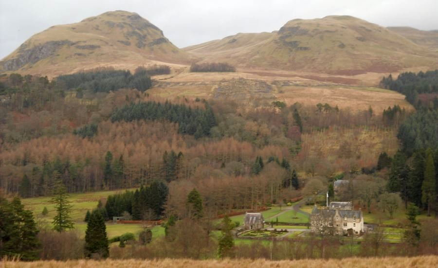 Duntreach Castle beneath Dumgoyne from the standing stones of Dumgoygach