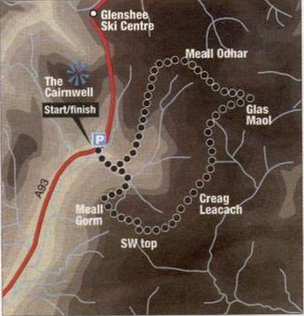 Route Map for the Munros Glas Maol and Creag Leacach above the Glenshee Ski Centre