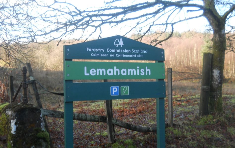 Signpost on Gartmore Road at track into Loch Ard Forest