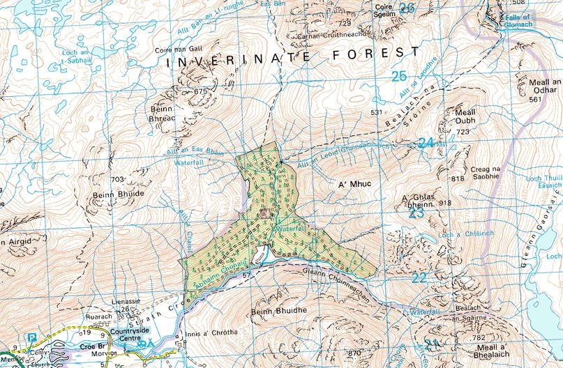 Location Map and Access Route for Falls of Glomach from Strath Croe