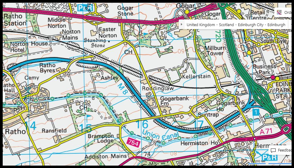 Map of Union Canal from Ratho to Edinburgh