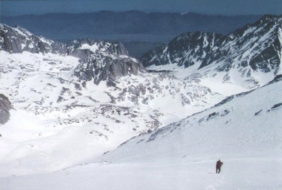 Ascending upper snow slopes on Mt. Whitney to the Crest of the Sierra Nevada