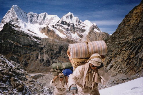 Porters crossing Mera La into the Hongu Valley