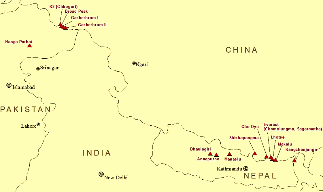 Location map of the Eight-Thousanders