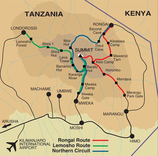 Mount Kilimanjaro ascent routes map